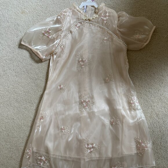 Kids Traditional Chinese Qipao Dress with Embroidery and Pearl Trim-Short Sleeve - Picture 1 of 4